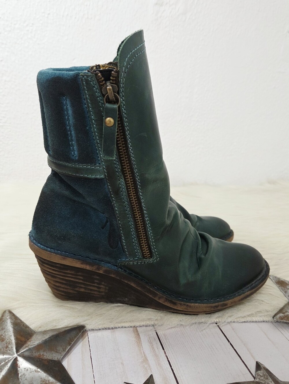 Fly London Simi wedge boots teal green blue suede leather distressed women's 39 - Picture 4 of 8